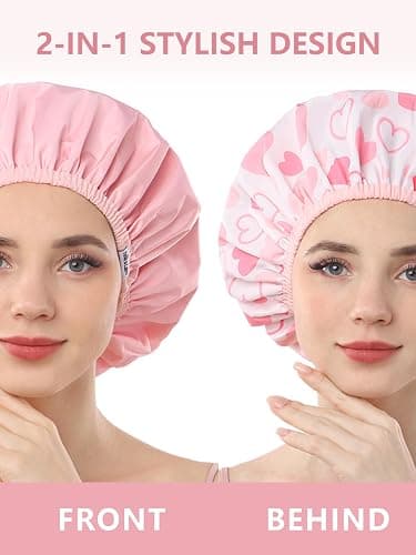 Years Calm Shower Caps For Women Reusable Waterproof，Pattern And Solid Color Dual-Layer Design For Dual-Layer Usable，Protects Hair In Shower, Spa, Cooking, Clean & Travel (Pink, One Size) thumbnail 2