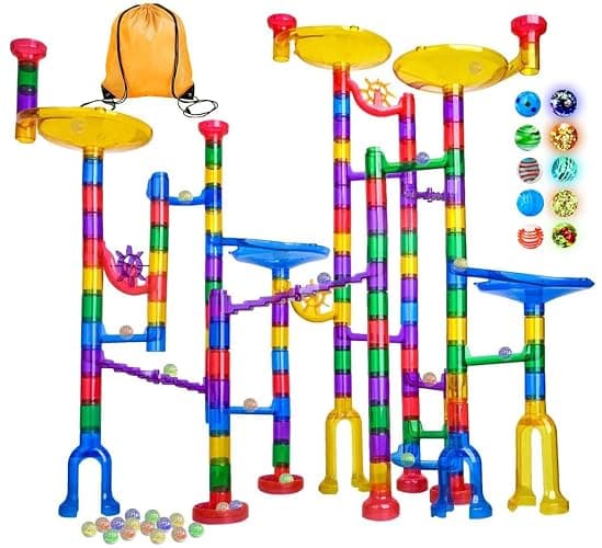 Meland Marble Run - 132Pcs Marble Maze Game Building Toy for Kid, Marble Track Race Set & STEM Learning Toys for Boy Girl Age 3 4 5 6 7 8 9+ (102 Translucent Marbulous Pcs & 30 Glass Marbles) - 132pcs with Glowing Marbles - Image 1