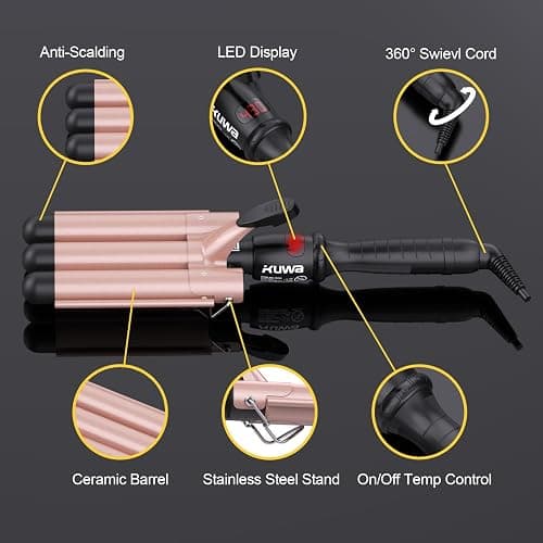 kuwa Crimper Hair Tool, 15 Variable Temperature with LCD Display Hair Crimper, Waver Hair Tool,3 Barrel Curling Iron, hairCrimper for Women,Long-Lasting Natural Tight Waves thumbnail 7