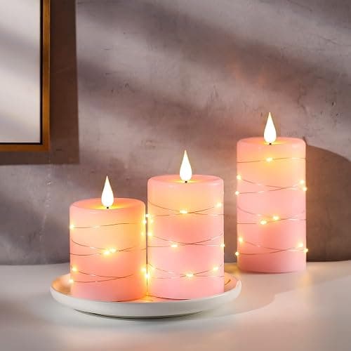 Da by 3 Pack Pink Real Wax Flameless Taper Candles, Lifelike Flickering LED Flame Candles with Surrounding Fairy String Lights, Soft Warm Battery Candles with Remote for Home Wedding Party Decor thumbnail 2