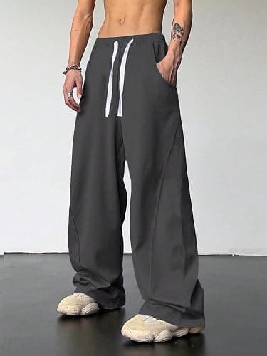 Men's Drawstring Elastic Waist Baggy Sweatpants Y2K Loose Wide Leg Long Pants with Pocket - Medium - Dark Grey - Image 1