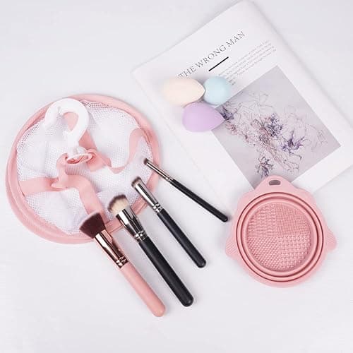 AUAUY Makeup Brush Cleaning Mat & Hanging Drying Net, Foldable Makeup Brush Cleaner, Silicone Brush Cleaning Bowl With Mesh Drying Rack Basket to Dry Makeup Sponge, Powder Puff, Brush(Pink) thumbnail 7