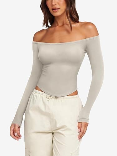 LASLULU Womens Sexy Off The Shoulder Long Sleeve Workout Tops Strapless T Shirts Crop Top Casual Fall Outfits thumbnail 2