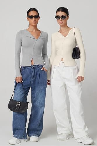 QINSEN Women's Long Sleeve Ribbed Crewneck Shirts Upper Button Fastening Going Out Tops thumbnail 3