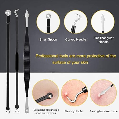 Pimple Popper Tool Kit - Boxoyx 10 Pcs Blackhead Remover Comedone Extractor Kit with Box for Quick and Easy Removal of Pimples, Blackheads, Zit Removing, Forehead,Facial and Nose (Black) thumbnail 3