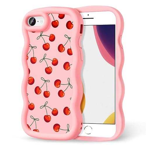 CASBST Compatible with iPhone SE/8/7 Case for Women Girls, Curly Wavy Frame with Cute Pattern, Aesthetic Slim Soft Silicone TPU Bumper Shockproof Phone Case for iPhone SE/8/7 - Bow Cherry - Image 1