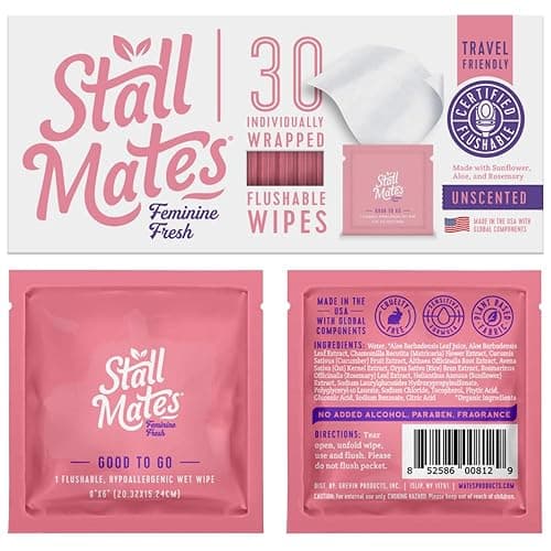 Stall Mates Wipes Feminine Fresh - Flushable | Individually Wrapped Cleansing Travel Friendly PH balanced Unscented with Sunflower, Rosemary and Aloe (30 on-the-go singles) - 30 Count (Pack of 1)