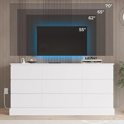 Hasuit Modern White Dresser for Bedroom with 9 Drawers, 61.4"Wide Dressers Chest of Drawer with Large Capacity Storage, Long Dresser TV Stand with Power Outlets, Sturdy Storage Cabinet for Living Room thumbnail 4