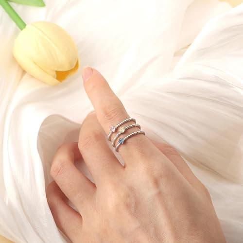 Tufeney Stackable Birthstone Rings Set for Women: 925 Sterling Silver Mother Family Stacking Ring Minimalist Stackable Bands Mother's Day Jewelry Gifts for Wife thumbnail 2