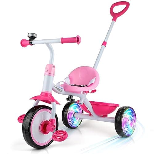 Liberry 2 in 1 Toddler Tricycle Age 2 3 4 Years Old, Kids Trike with Light Up Wheels, Adjustable Push Handle, 3 Wheel Bike Outdoor Indoor Riding Toy Gift for Girls Boys, Pink - Image 1