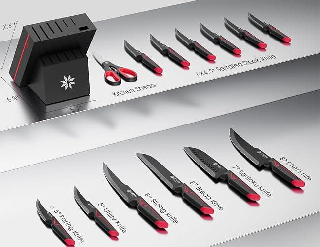 Knife Set - 15 PCS Kitchen Knife Set with Built-in Knife Sharpener Block - Stainless Steel Knife Block Set - Dishwasher Safe, Elegant Box for Men Women, Fathers day, Red thumbnail 3