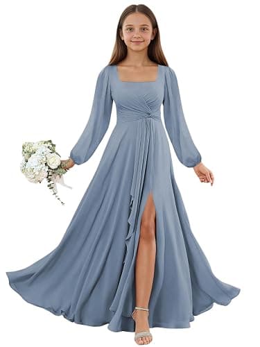 EVASIE Junior Bridesmaid Dresses Long Sleeve Chiffon Flower Girl Dress with Slit Square Neck Kids Prom Party Dress thumbnail 7