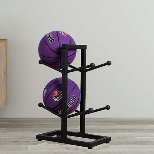 MYCYGYB Basketball Rack, 4 Ball Display Ball Metal Ball Rack for Home Garage Rugby Basketball Soccer Volleyball Storage Rack, Black thumbnail 2