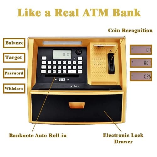 ATM Savings Bank with Debit Card, Electronic Piggy Bank for Real Money, Coin Recognition, Targets Setting, Password Login, Voice Prompt, Great Gift for Boys Girls (Golden/Black) thumbnail 4