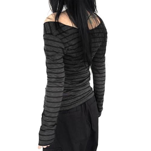Women Y2K Striped Long Sleeve Slim Fitted Tops Teen Girls Off Shoulder Grunge Aesthetic Shirts thumbnail 4