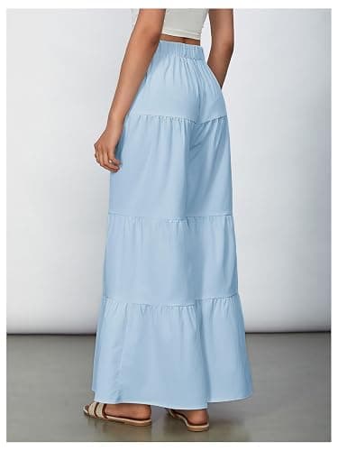 WDIRARA Women's Flowy Boho Elastic High Waist Ruffle Hem Wide Leg Beach Loose Palazzo Pants thumbnail 3