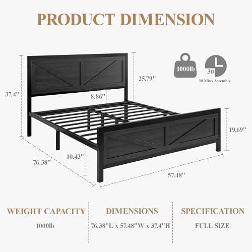 DOGIBIXO Full Size Bed Frame with Led Lights and USB Charging, Industrial Platform Bed Frame with Farmhouse Barn Door Headboard, Strong Metal Slats Support, Noise Free, No Box Spring Needed, Black thumbnail 2