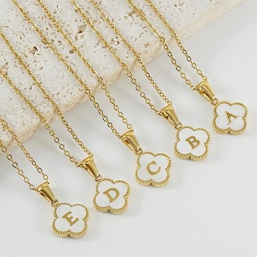 Zocqol 14K Gold Plated Clover Initial Necklaces for Women Trendy: Dainty Stainless Steel Four-Leaf Clover Letter Necklace for Women Non Tarnish Shell Necklace thumbnail 4
