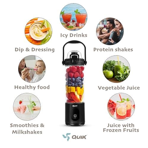 QUIK Portable Blender - Cordless 24oz. Personal Blender for Shakes and Smoothies, Licuadora, BPA Free - Ice Crush, Dishwasher safe parts, Waterproof, Triple Batteries, Juicer Cup, Black thumbnail 6