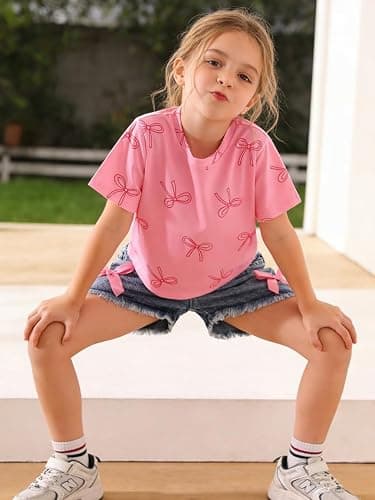 Azmxynol Kid Girls Clothes Outfits Bowknot T-Shirt + 2 In 1 Denim Short Skort Summer Clothing Set, Size 4-10 Years thumbnail 4