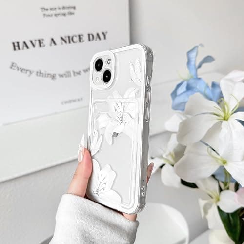 NITITOP Compatible for iPhone 13 Case Cute Lily Flower - White | Clear, Floral, Butterfly, Wallet, With card holder, Color Frame shockproof, For Women Girl, Soft TPU, Shockproof, Waterproof thumbnail 6