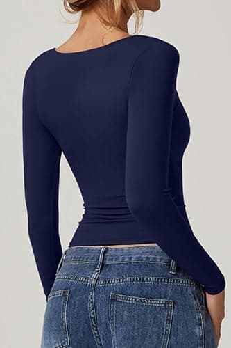 QINSEN Womens Slimming Fit Sweetheart Neck Long Sleeve Basic Crop Tops Stretch Going Out Tee Shirt thumbnail 4