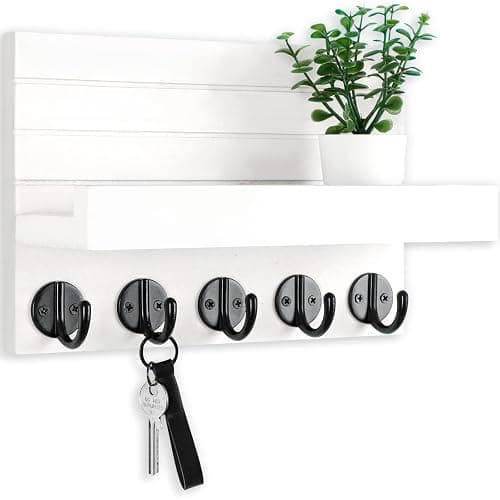 Lwenki Key Holder for Wall, Decorative Key and Mail Holder with Shelf Has Large Key Hooks for Bags, Coats, Umbrella – Paulownia Wood Key Hanger with Mounting Hardware (9.8”W x 6.7”H x 4.2”D) - Image 1