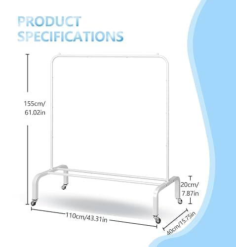 JIUYOTREE Metal Clothing Rack with Wheels, 43.3 Inches Rolling Clothes Garment Coat Rack with Bottom Shelf, Clothing Rack for Hanging Clothes, Coats, Skirts, Shirts, Sweaters, White - White - with wheel thumbnail 2