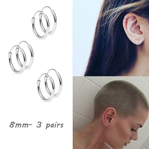 EPIRORA Silver Hoop Earrings- Cartilage Endless Small Hoop Earrings Set for Women Men, 3 Pairs of Hypoallergenic 925 Sterling Silver Tragus Earrings Nose Lip Rings thumbnail 2