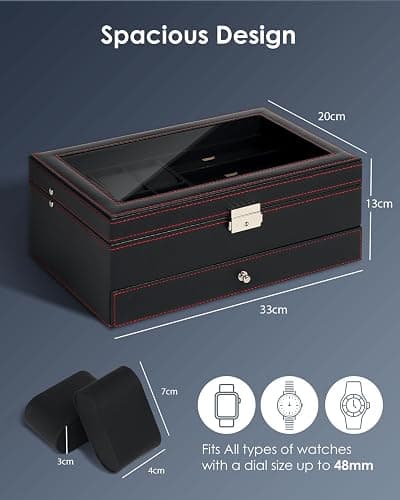 Kukikan Watch Jewellery Box Organiser, Watch Case and Sunglasses Storage with Large Glass Lid, 6 Slots and 2 Layers, Men's Jewellery Box with Lock, Watch Holder Display Case, Gift for Men Women thumbnail 2
