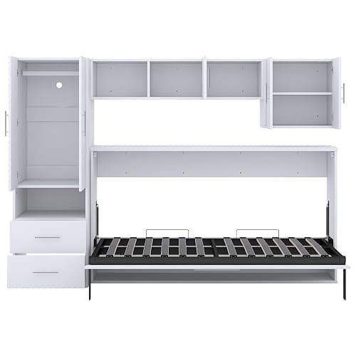 FAVSH Twin Size Murphy Bed Built-in Wardrobe and Table, Fold-The-Way Bed,with Open Shelves and Storage Drawers,Space-Saving Hidden Bed,Wall Bed for Bedroom.White thumbnail 4