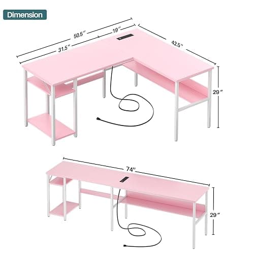 Unikito Reversible L Shaped Desk with Magic Power Outlets and USB Charging Ports, Sturdy Corner Computer Desk with Storage Shelves, Gaming Table Home Office Desk, Easy to Assemble, Pink thumbnail 3