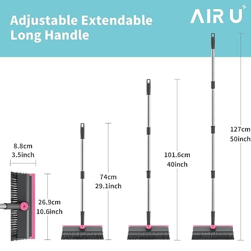 AIR U+ Floor Scrub Brush with Long Handle, 3 in 1 Scrape and Heavy-Duty Stiff Bristle Scrubber Brush for Cleaning Shower Bathroom, Patio, Pool, Garage, Kitchen, Wall and Deck, Gray and Pink thumbnail 2