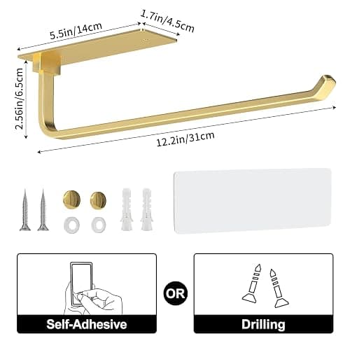 Paper Towel Holder - Self-Adhesive or Drilling, Gold, Upgraded Aluminum Kitchen Roll Dispenser Under Cabinet, Lighter but Stronger Than Stainless Steel! thumbnail 2