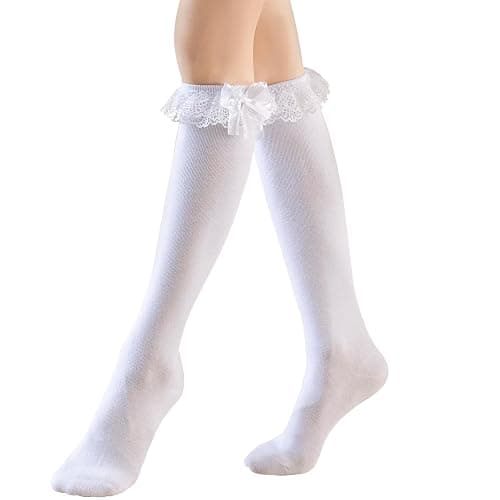 AMHRLINGTO Women's Lace Ruffle Frilly Ankle Socks - Girl Cotton Knee High Socks with Bow Lace Ruffle Trim - Image 1