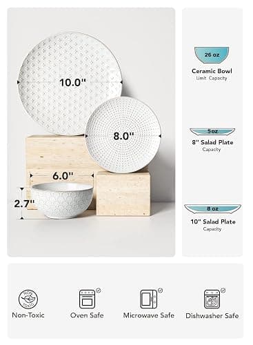 LE TAUCI Plates and Bowls Sets for 4, 12 Piece Ceramic Dinnerware Sets, Modern Stoneware Kitchen Dish Set, Chip Resistant, Microwave & Dishwasher Safe, Embossed, Arctic White thumbnail 4