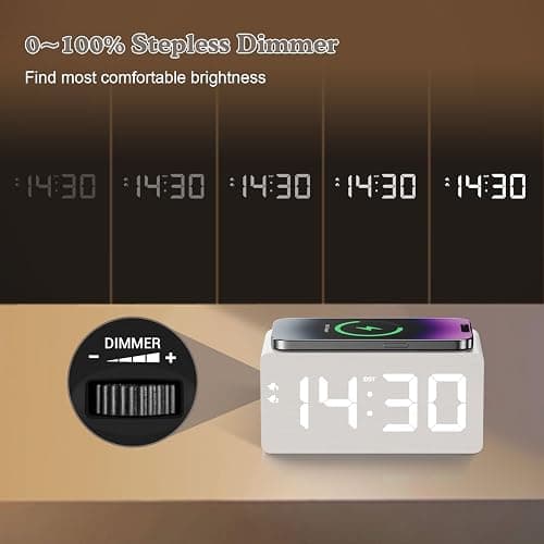 URAYCO Wooden Digital Alarm Clock, 10W Fast Wireless Charger Station & 2 USB Charging Ports, with 0~99% Dimmer, Dual Alarm, Weekday/Weekend Mode, Wood LED Clock for Bedroom, Desk, Office thumbnail 4
