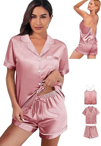 WJing Yi Jia 3Pcs Silk Pajamas Set for Women XS-4XL Satin Pajama Lingerie Pjs Cami Tops Silky Pj Sets Sleepwear Nightwear - Image 1