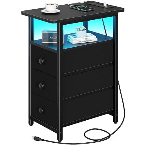 Yoobure End Table with Charging Station, LED Narrow Side Table Bedside Table, Small Night Stand End Tables Living Room, Skinny Nightstand with 3 Fabric Drawers, Side Tables Bedroom for Small Spaces - Image 1