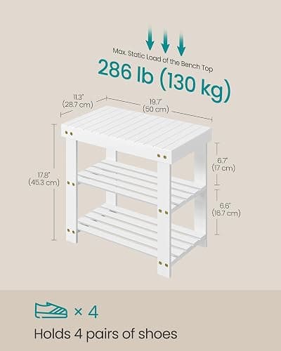 SONGMICS Shoe Rack Bench, 3-Tier Bamboo Shoe Storage Organizer, Entryway Bench, Holds Up to 286 lb, 11.3 x 19.7 x 17.8 Inches, for Entryway Bathroom Bedroom, Cloud White ULBS001W01 thumbnail 2