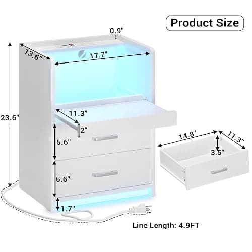 AOGLLATI LED Nightstand with Charging Station, Night Stand with Pull-Out Tray, 2 Drawers, Bedside Table with LED Lights, Modern End Table with USB Ports Outlets, White thumbnail 2