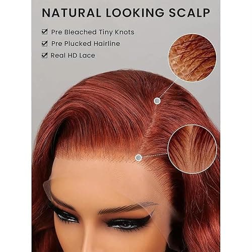 KEKEYY 28 Inch Reddish Brown Lace Front Wigs Human Hair Pre Plucked 200% Density Body Wave Lace Frontal Wig Human Hair 13x4 HD Lace Brown Wig thumbnail 8