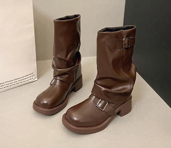 WUNAMOX Winter Boots for Women French Vintage Western High Heeled Stacked Pleated Mid Calf thumbnail 4