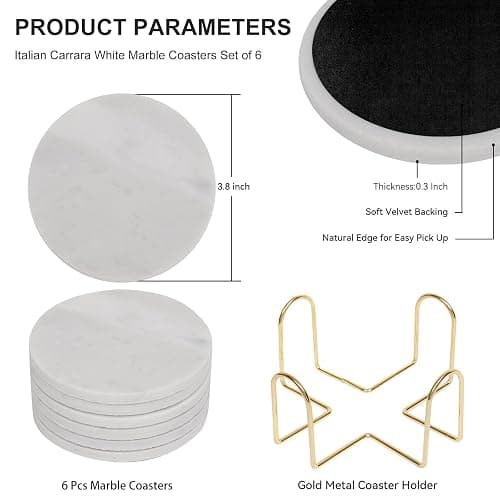 YONGHEE Carrara White Marble Coasters Set of 6 with Holder, Elegant Modern Round White Marble Drink Coasters for Coffee Table Decor, Semi Absorbent Stone Coaster for Drinks, Velvet Backed thumbnail 3