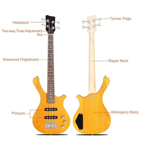 Ktaxon 4 String Electric Bass Guitar, 36-inch Bass Guitar Kit with Split single-coil Pickup, Rosewood Fretboard, Mahogany Body for Kids, Boy and Girl(Yellow) thumbnail 2