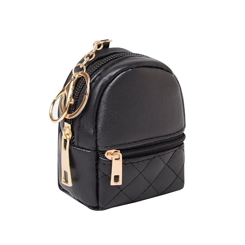 Mini Backpack Cute Cosmetic Bag for Women, Creative Cute Pendant Keychain Key-chains Keyrings PU Leather Makeup Bag Key Pocket Lipstick Bag Card Holder Data Cable Organizer Zipper Pouch (Pure black) - Image 1