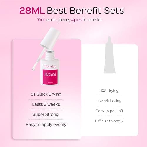 TIPHULAN Super Strong Nail Glue for Press Ons & Nail Tips, 4 Tubes | 28 mL Brush On Nail Glue-No UV Needed, Precision Brush Applicator, HEMA-Free, Long-Lasting for Salon, Travel and At-Home DIY thumbnail 6