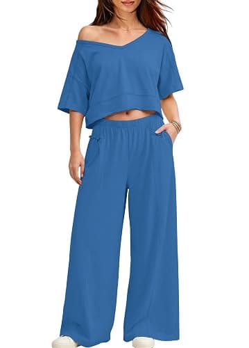 Yanekop Womens Two Piece Lounge Set for Summer Airport Travel Outfit V Neck Crop Tops and Wide Leg Pants with Pockets thumbnail 3