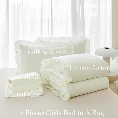 ANGIYUIN 5 Pieces Ivory Twin Size Bedding Set for Kids Girls Beige Ruffled Bed in A Bag with Sheets Farmhouse Fluffy Comforter Set Shabby Chic Bed Sets(Ivory Twin) thumbnail 4