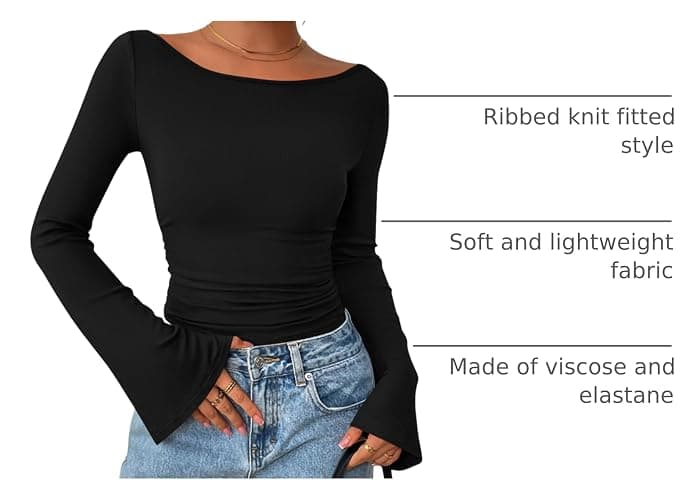 PRETTYGARDEN Women's Long Sleeve Shirts 2025 Fall Crop Going Out Tops Casual Boat Neck Bell Sleeve Ribbed Ruched Y2K Clothes thumbnail 4